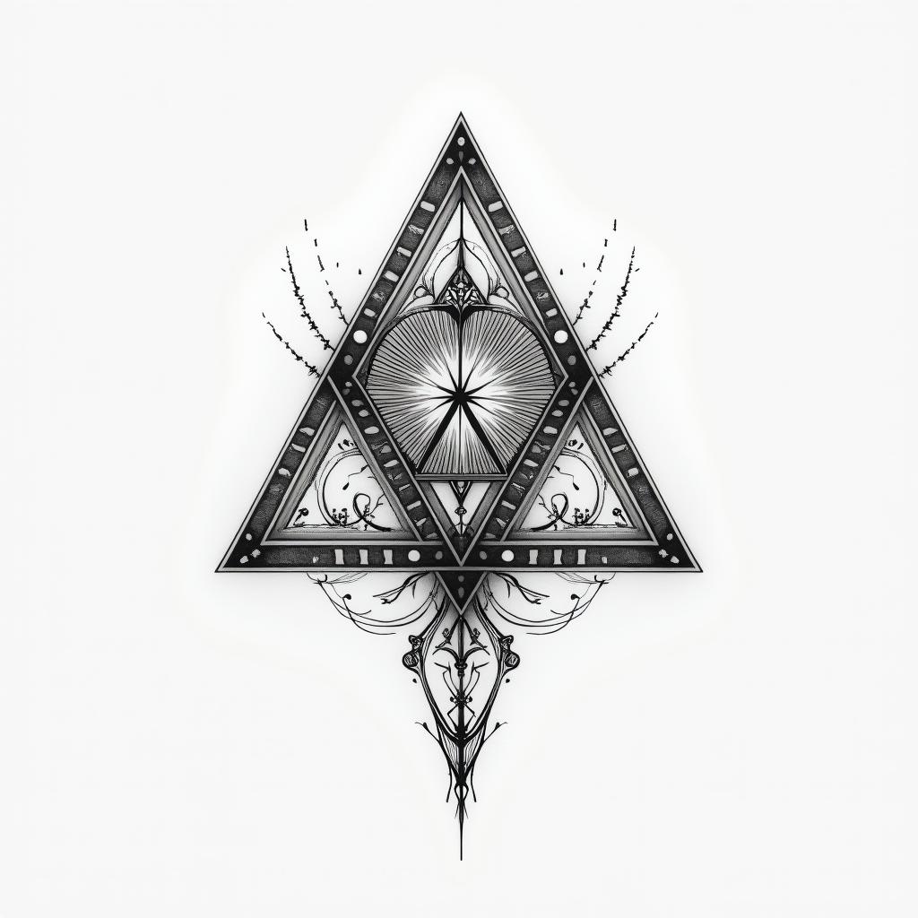 Psychedelic dmt visuals, golden ratio geometry sigil. Include alien tribal glyphs. Include elemental alchemy.in minimalist style tattoo, featuring simple shapes and fine lines, with minimal shading and details, tiny triangles, creating a sense of balance and harmony