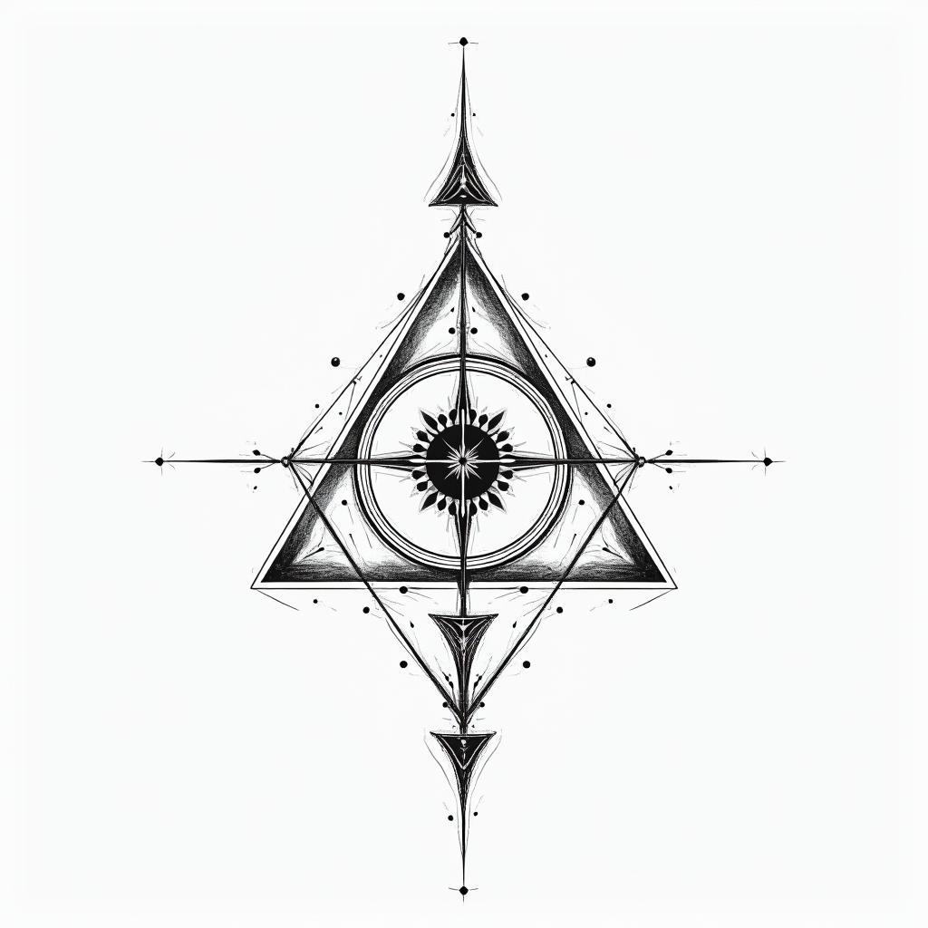 Psychedelic dmt visuals, golden ratio geometry sigil. Include alien tribal glyphs. Include elemental alchemy. Psychedelic geometryin minimalist style tattoo, featuring simple shapes and fine lines, with minimal shading and details, tiny triangles, creating a sense of balance and harmony