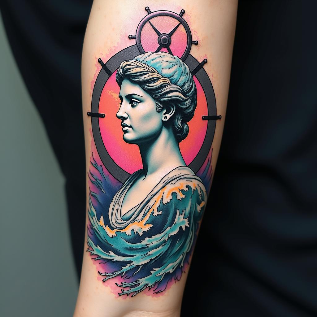 Bússola cercada por ondas do oceanoin distorted and fragmented tattoo design, featuring a classical statue bust, in a glitch art style with vibrant, overlapping colors of cyan, magenta, and yellow, creating a digital distortion effect