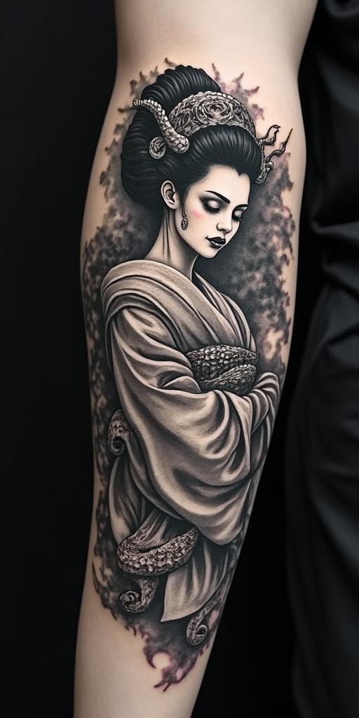 Geisha girl and her pet fire breathing dragon in horror tattoo style, showcasing haunting and unsettling, dark and gritty textures with skulls, eerie faces, jgged designs, bold and intense shading