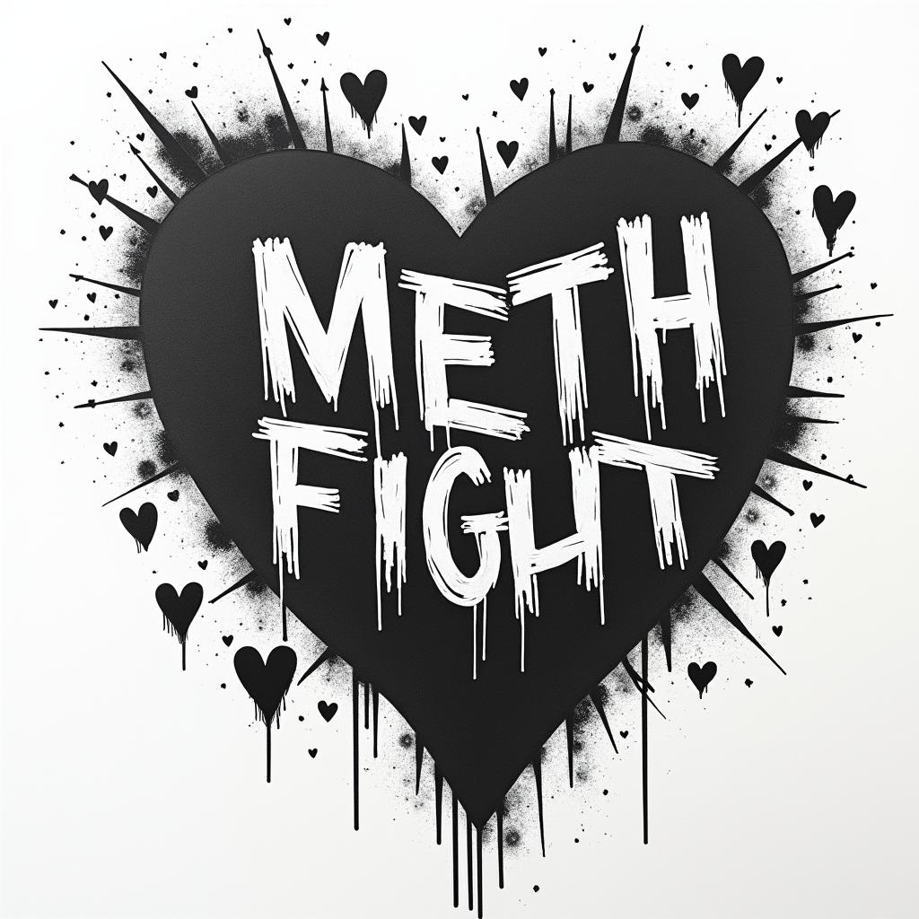 In recovery from meth addictionin graffiti style tattoo, featuring bold and dynamic street art elements, spray-paint texture with exaggerated lines and expressive, chaotic brushstrokes, intricate lettering incorporated with graffiti tags, symbols like hearts, stars, and wings