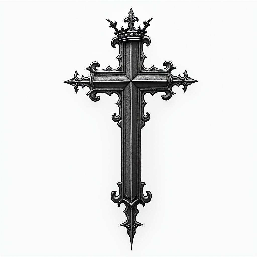 Cross with a slanted crownhigly detailed tattoo - Variation 6