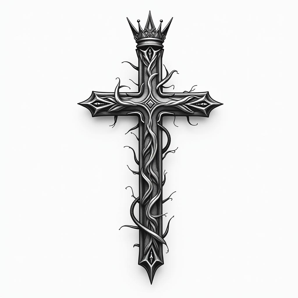 Cross with a slanted crownhigly detailed tattoo - Variation 5
