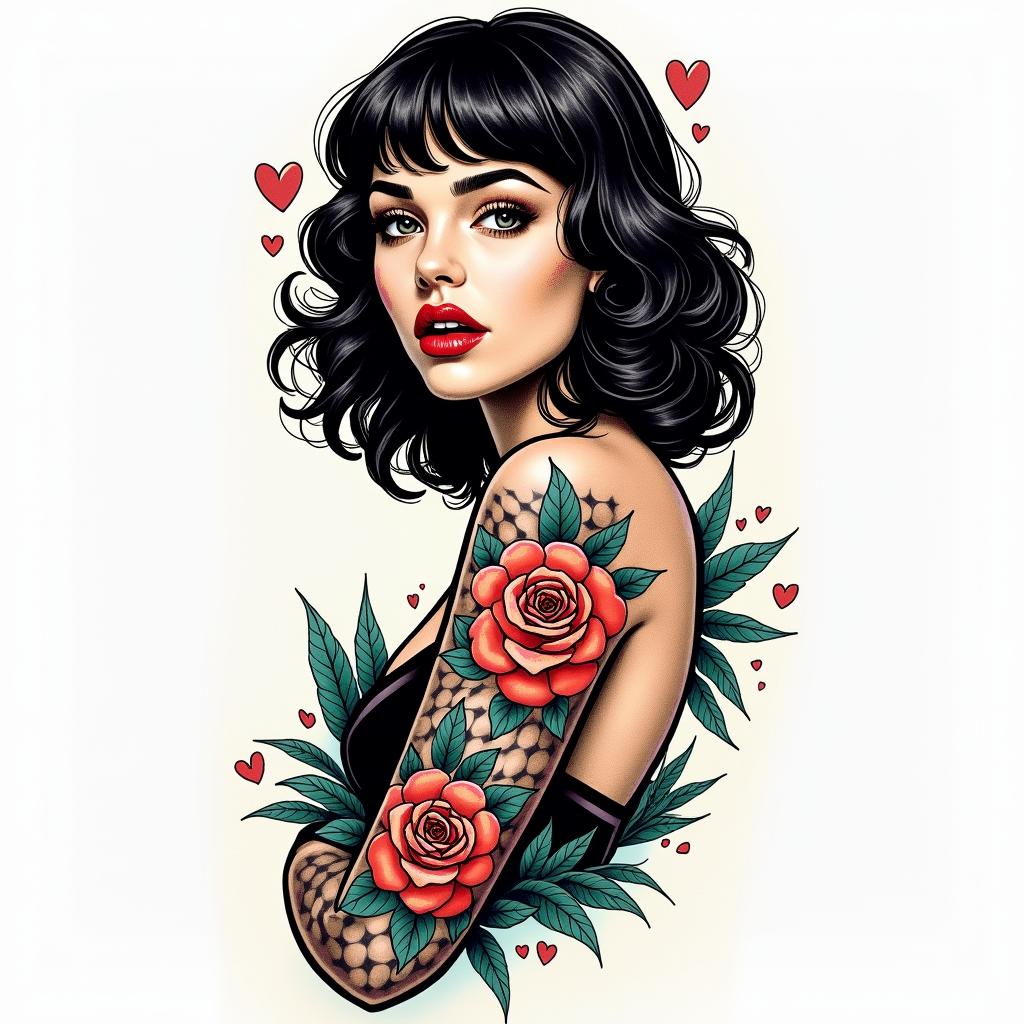Sleeves for womanin pop art style tattoo, featuring bold and vibrant colors, exaggerated outlines, iconic imagery, inspired by comic books and speech bubbles, comic book characters, retro pop culture - Variation 3