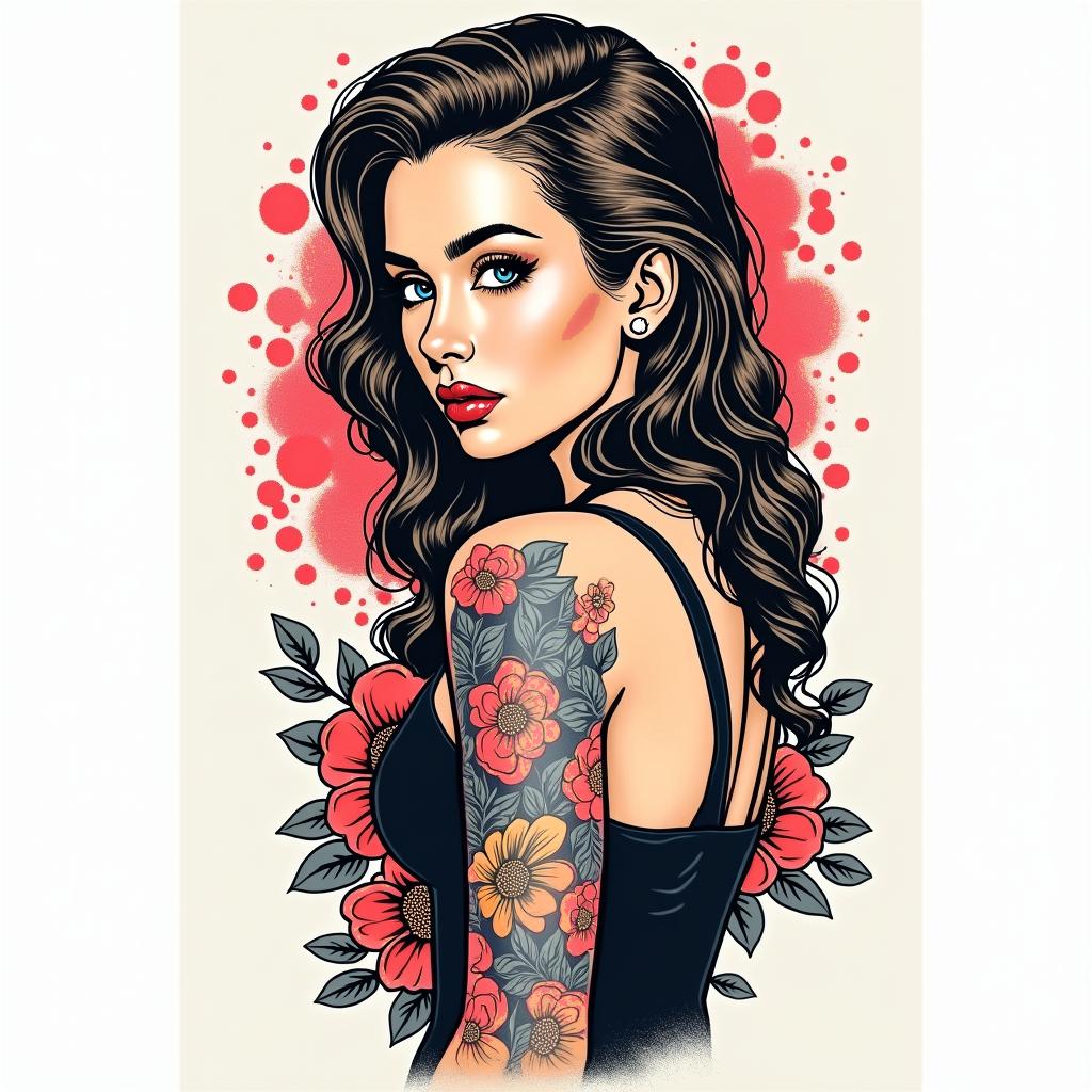 Sleeves for womanin pop art style tattoo, featuring bold and vibrant colors, exaggerated outlines, iconic imagery, inspired by comic books and speech bubbles, comic book characters, retro pop culture - Variation 4