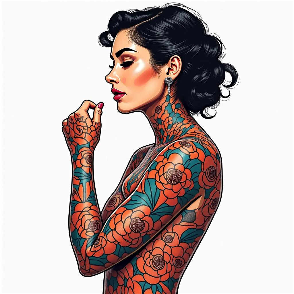 Sleeves for womanin pop art style tattoo, featuring bold and vibrant colors, exaggerated outlines, iconic imagery, inspired by comic books and speech bubbles, comic book characters, retro pop culture - Variation 2