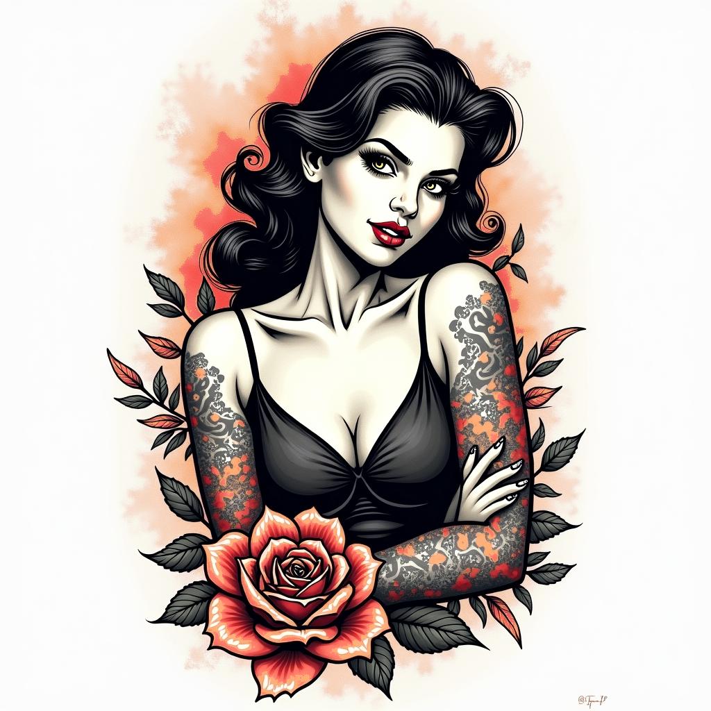 Sleeves for womanin pop art style tattoo, featuring bold and vibrant colors, exaggerated outlines, iconic imagery, inspired by comic books and speech bubbles, comic book characters, retro pop culture