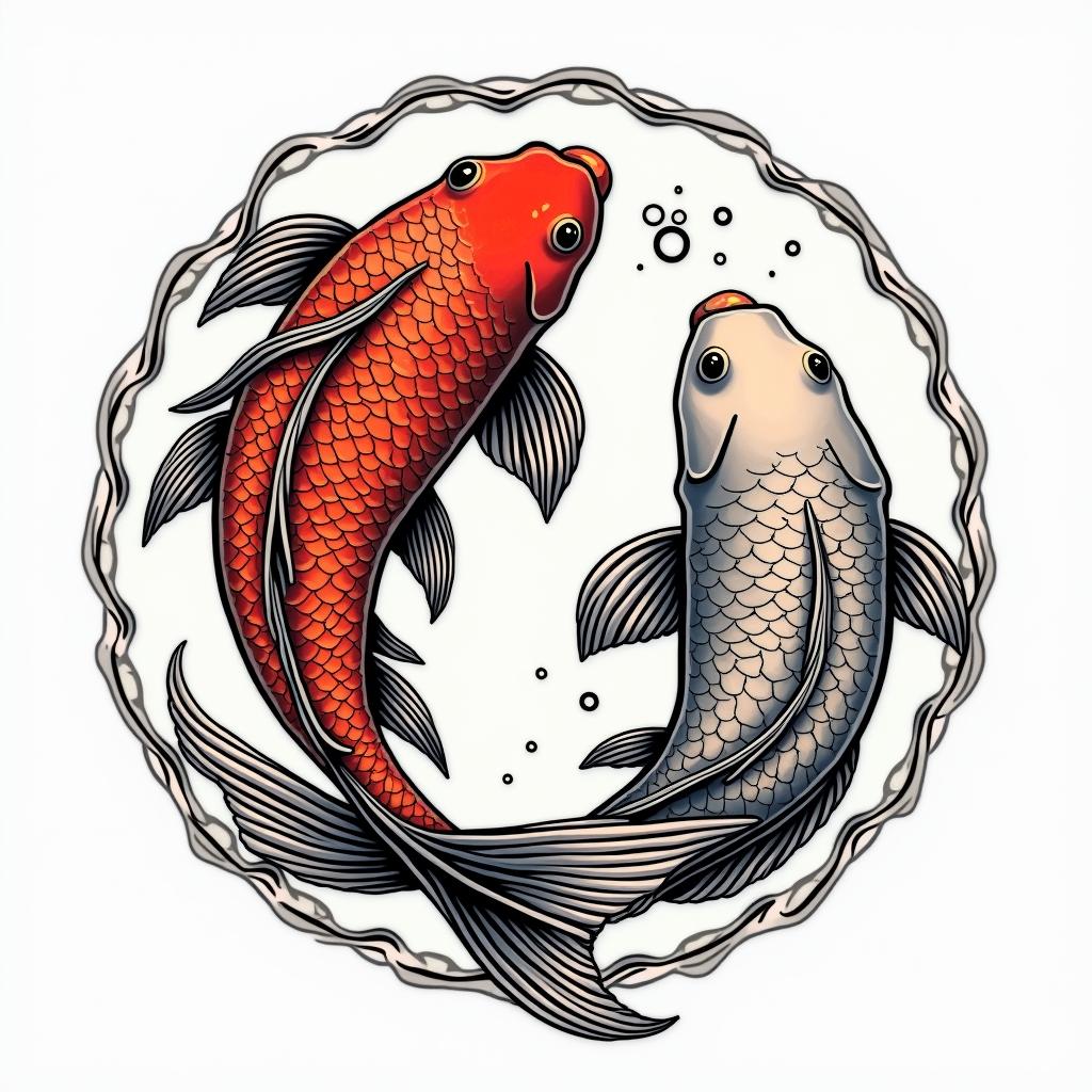 Two koi fish swimming in circlesin pop art style tattoo, featuring bold and vibrant colors, exaggerated outlines, iconic imagery, inspired by comic books and speech bubbles, comic book characters, retro pop culture - Variation 3