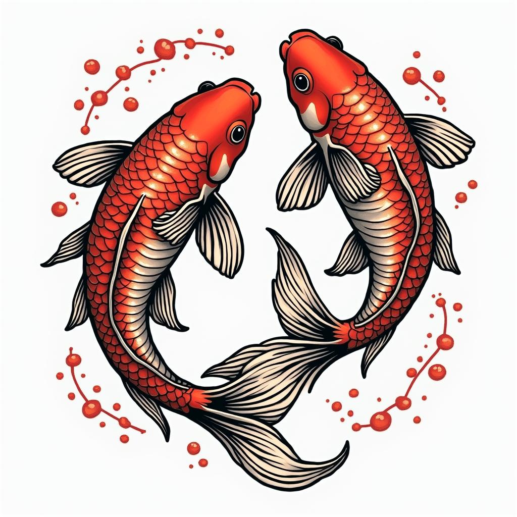 Two koi fish swimming in circlesin pop art style tattoo, featuring bold and vibrant colors, exaggerated outlines, iconic imagery, inspired by comic books and speech bubbles, comic book characters, retro pop culture