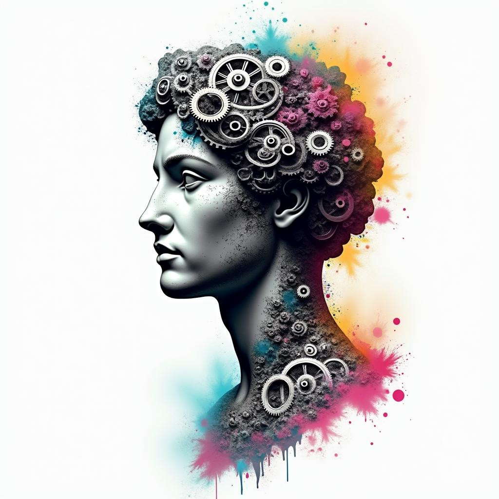 Mechanical gears fused with human anatomyin distorted and fragmented tattoo design, featuring a classical statue bust, in a glitch art style with vibrant, overlapping colors of cyan, magenta, and yellow, creating a digital distortion effect - Variation 10