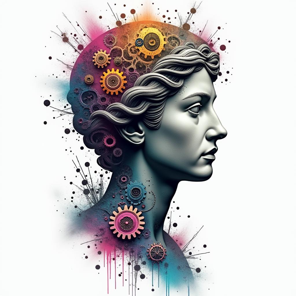 Mechanical gears fused with human anatomyin distorted and fragmented tattoo design, featuring a classical statue bust, in a glitch art style with vibrant, overlapping colors of cyan, magenta, and yellow, creating a digital distortion effect - Variation 12