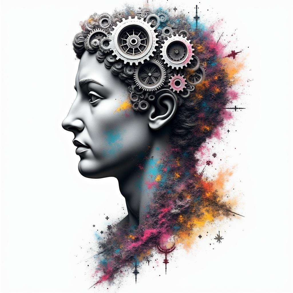 Mechanical gears fused with human anatomyin distorted and fragmented tattoo design, featuring a classical statue bust, in a glitch art style with vibrant, overlapping colors of cyan, magenta, and yellow, creating a digital distortion effect - Variation 11