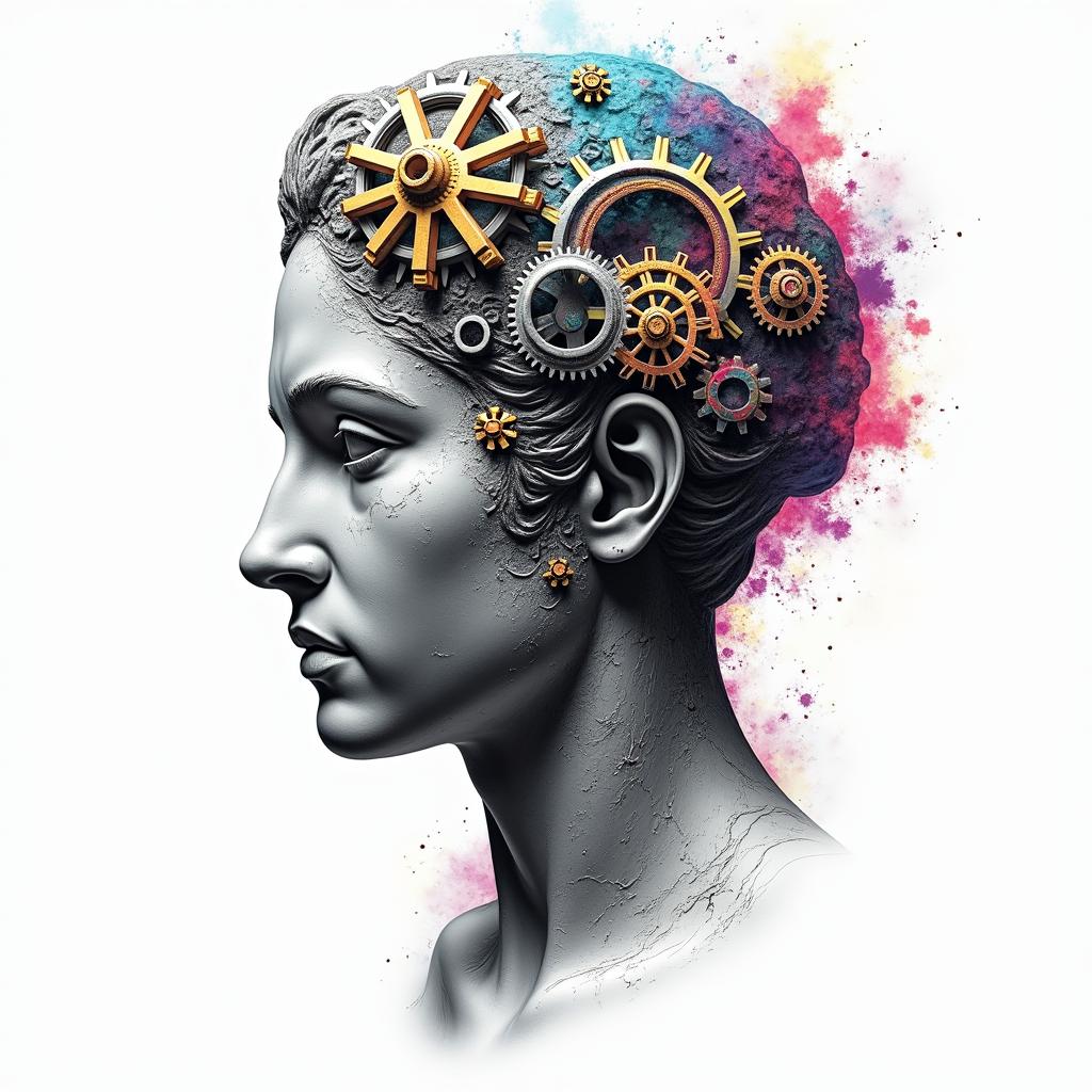 Mechanical gears fused with human anatomyin distorted and fragmented tattoo design, featuring a classical statue bust, in a glitch art style with vibrant, overlapping colors of cyan, magenta, and yellow, creating a digital distortion effect - Variation 9