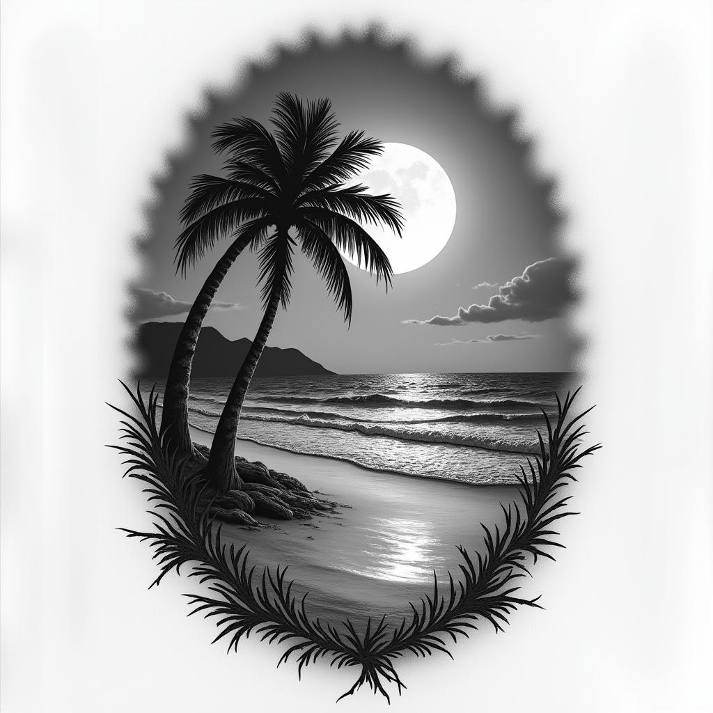 Nighttime beach scenehigly detailed tattoo - Variation 5