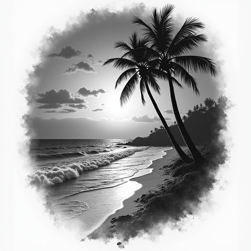 Nighttime beach scenehigly detailed tattoo - Variation 8