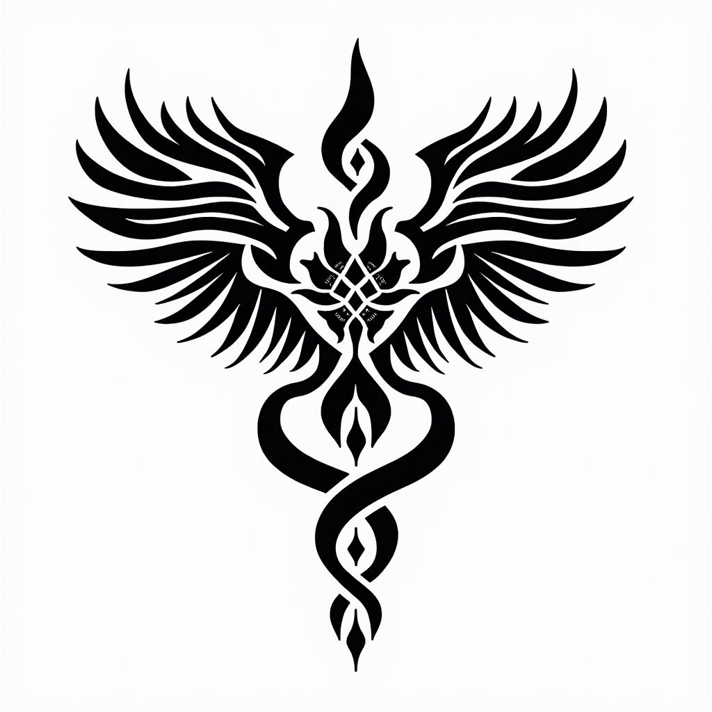 Angel of nirvanain tribal tattoo style, featuring bold and black geometric shapes, curved lines, intertwine and flow seamlessly, creating a powerful and symbolic design, polynesian and maori styles