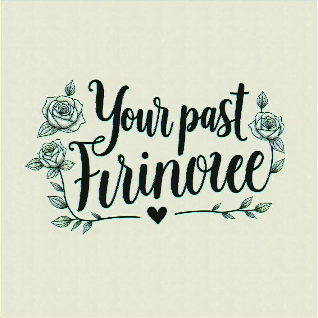 Your past doesn’t equal your future something easy for beginnersin elegant cursive calligraphy style 2d tattoo, decorate with roses, featuring a smooth and flowing handwritten script with slightly thickened strokes for a luxurious and bold appearance, heart symbol between names, sleek and glossy black text with shadowing, minimalist matte white background, clean and sharp edges, illuminated with soft lighting, romantic, 8k, high-quality textures with refined typography - Variation 3