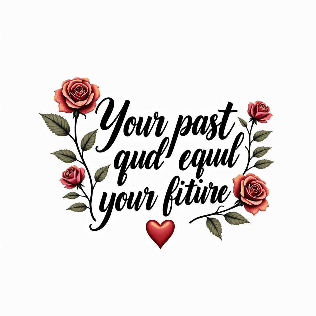 Your past doesn’t equal your future something easy for beginnersin elegant cursive calligraphy style 2d tattoo, decorate with roses, featuring a smooth and flowing handwritten script with slightly thickened strokes for a luxurious and bold appearance, heart symbol between names, sleek and glossy black text with shadowing, minimalist matte white background, clean and sharp edges, illuminated with soft lighting, romantic, 8k, high-quality textures with refined typography - Variation 2