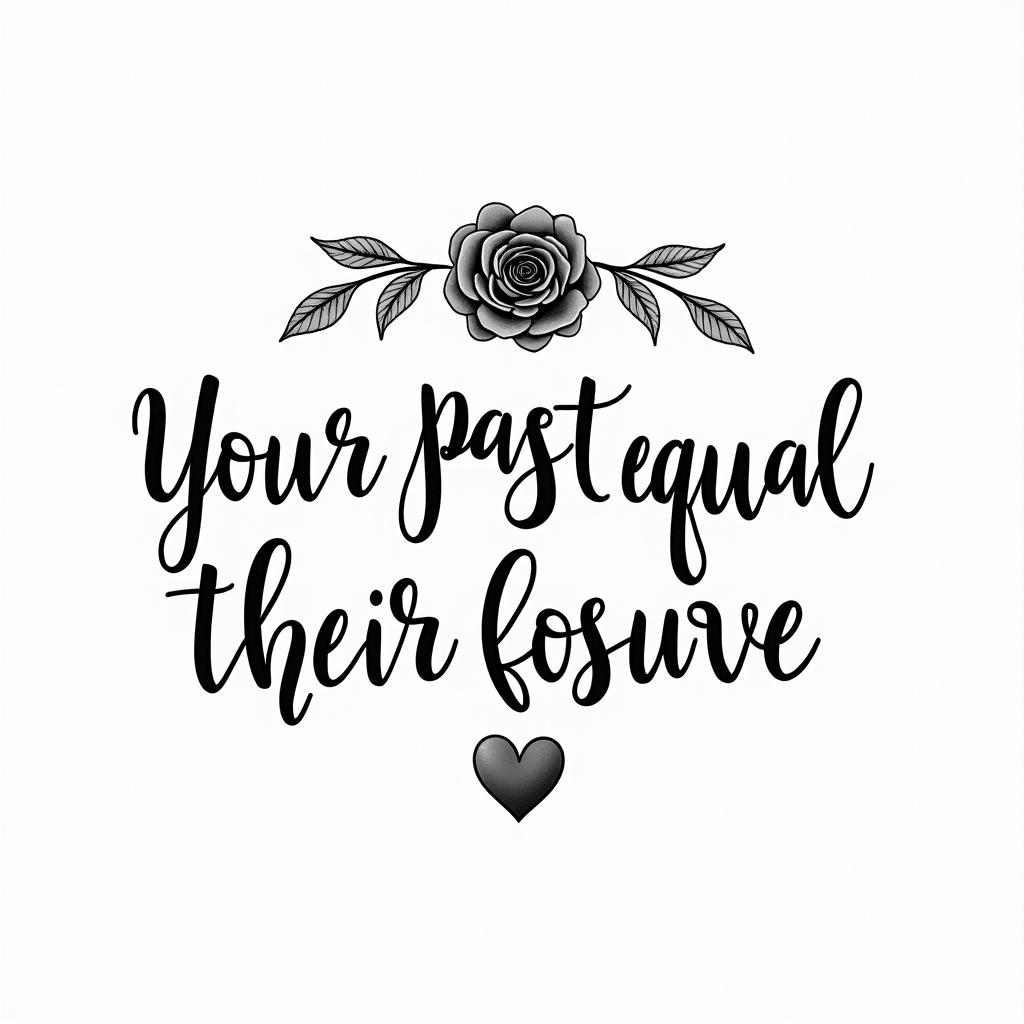 Your past doesn’t equal your future something easy for beginnersin elegant cursive calligraphy style 2d tattoo, decorate with roses, featuring a smooth and flowing handwritten script with slightly thickened strokes for a luxurious and bold appearance, heart symbol between names, sleek and glossy black text with shadowing, minimalist matte white background, clean and sharp edges, illuminated with soft lighting, romantic, 8k, high-quality textures with refined typography