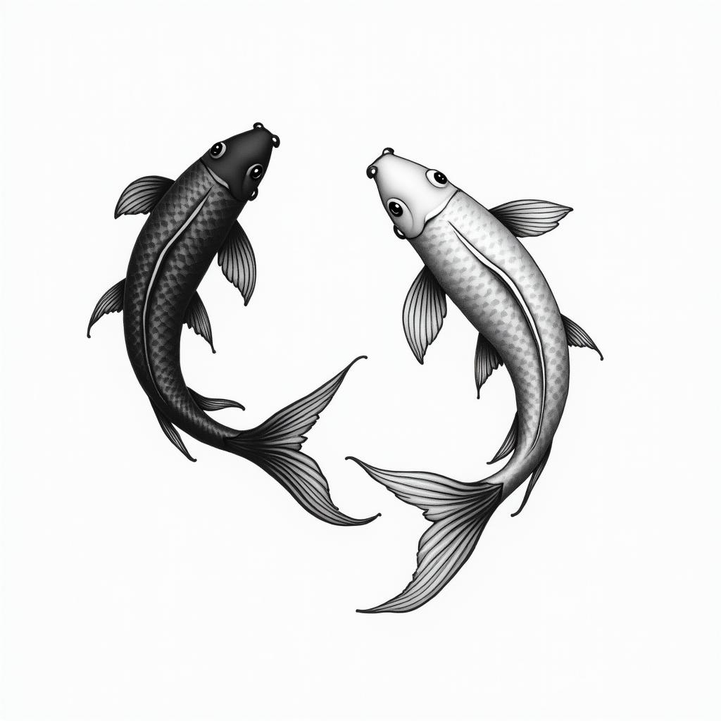Two koi fish swimming in circlesin minimalist style tattoo, featuring simple shapes and fine lines, with minimal shading and details, tiny triangles, creating a sense of balance and harmony - Variation 3