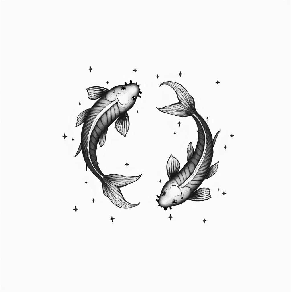 Two koi fish swimming in circlesin minimalist style tattoo, featuring simple shapes and fine lines, with minimal shading and details, tiny triangles, creating a sense of balance and harmony - Variation 2