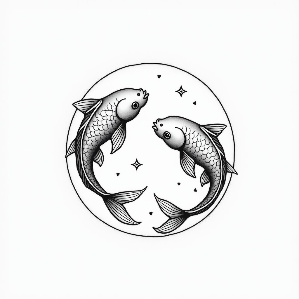 Two koi fish swimming in circlesin minimalist style tattoo, featuring simple shapes and fine lines, with minimal shading and details, tiny triangles, creating a sense of balance and harmony