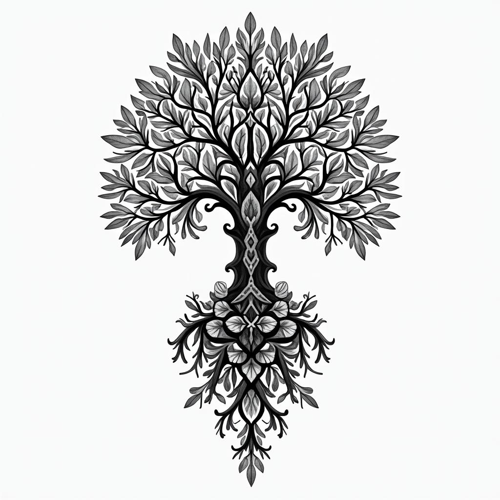 Tree of life on the backin ornamental tattoo style, featuring intricate symmetrical patterns and floral designs, showcasing highly detailed line work and geometric shapes, creating a sense of elegance and balance - Variation 4