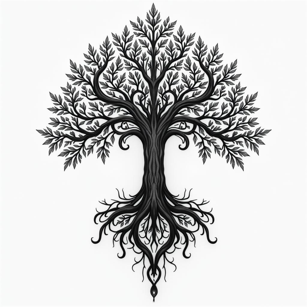 Tree of life on the backin ornamental tattoo style, featuring intricate symmetrical patterns and floral designs, showcasing highly detailed line work and geometric shapes, creating a sense of elegance and balance
