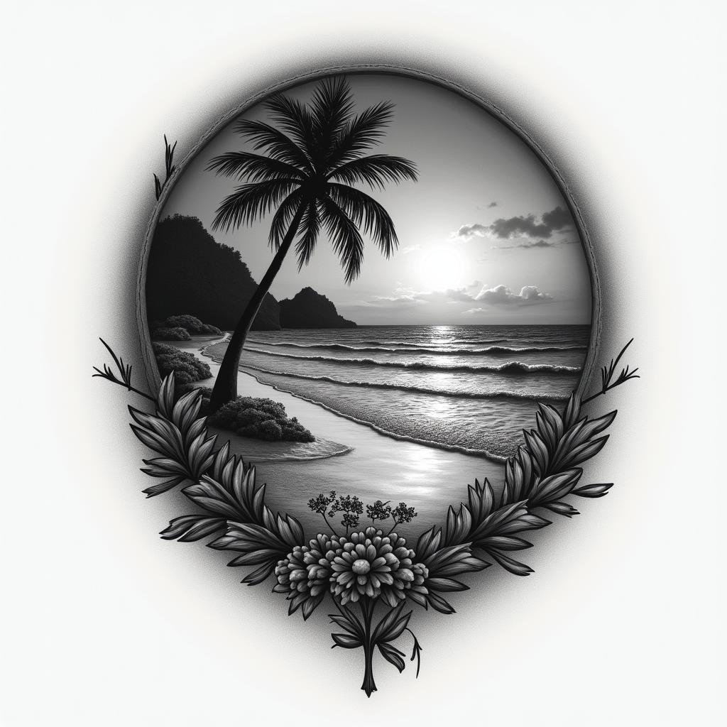 Nighttime beach scenehigly detailed tattoo