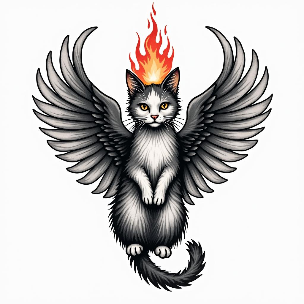 Cat, fire, wingsin authentic tattoo style, incorporating traditional modifications, bold black outlines, solid color fills, featuring classic authentic elements - Variation 2