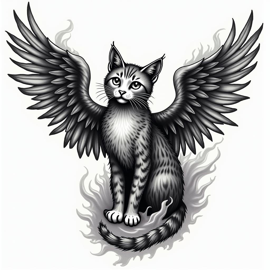 Cat, fire, wingsin authentic tattoo style, incorporating traditional modifications, bold black outlines, solid color fills, featuring classic authentic elements - Variation 3