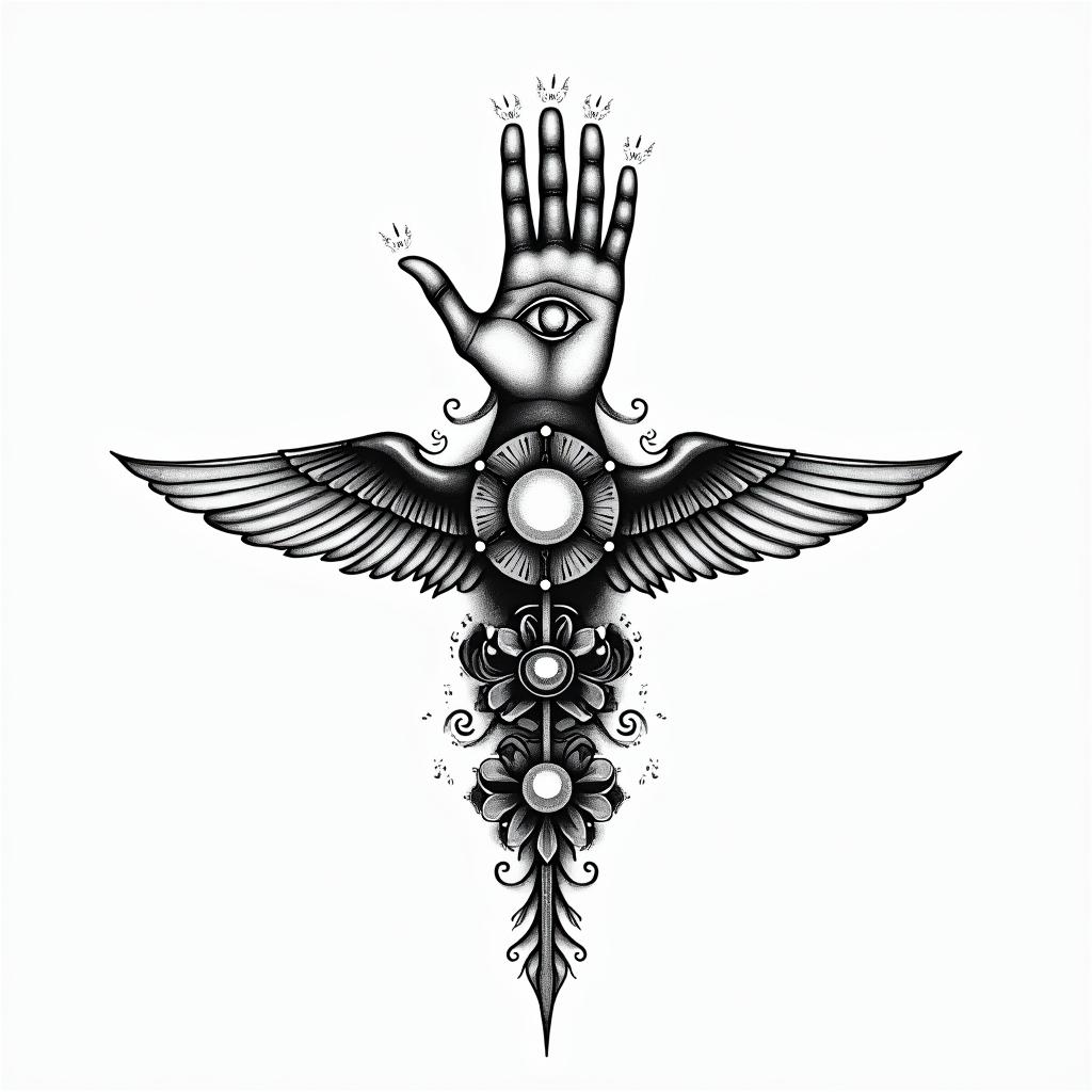Ezra, Capricorn, December 27thin spiritual symbols tattoo style, featuring an intricate design incorporating elements, Hamsa hand, third eye, minimalist composition - Variation 3