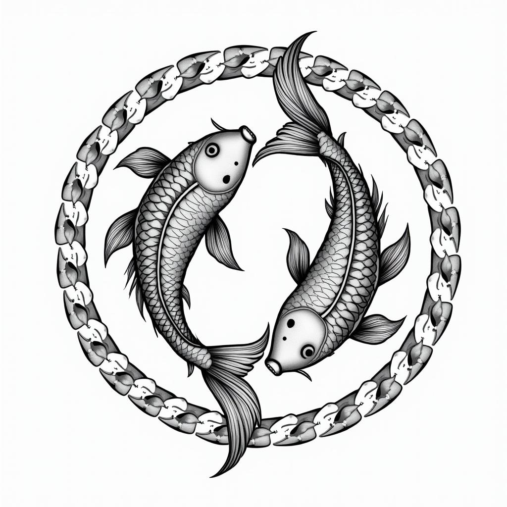 Two koi fish swimming in circlesin dotwork style tattoo, complex mandala patterns, interlocking geometric shapes with sharp symmetry, clean lines, sharp angles