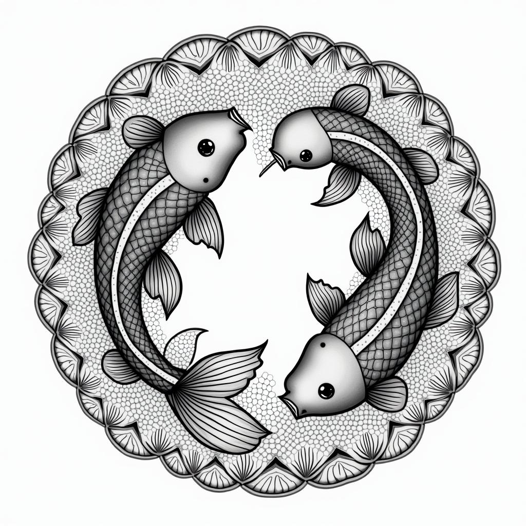 Two koi fish swimming in circlesin dotwork style tattoo, complex mandala patterns, interlocking geometric shapes with sharp symmetry, clean lines, sharp angles - Variation 4