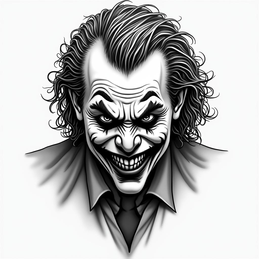 The Joker with a menacing smiletext-based tattoo, gothic font ultra-realistic, perfectly placed, high-quality font design, photo-realistic shading, 8k, high quality, finely detailed typography - Variation 12
