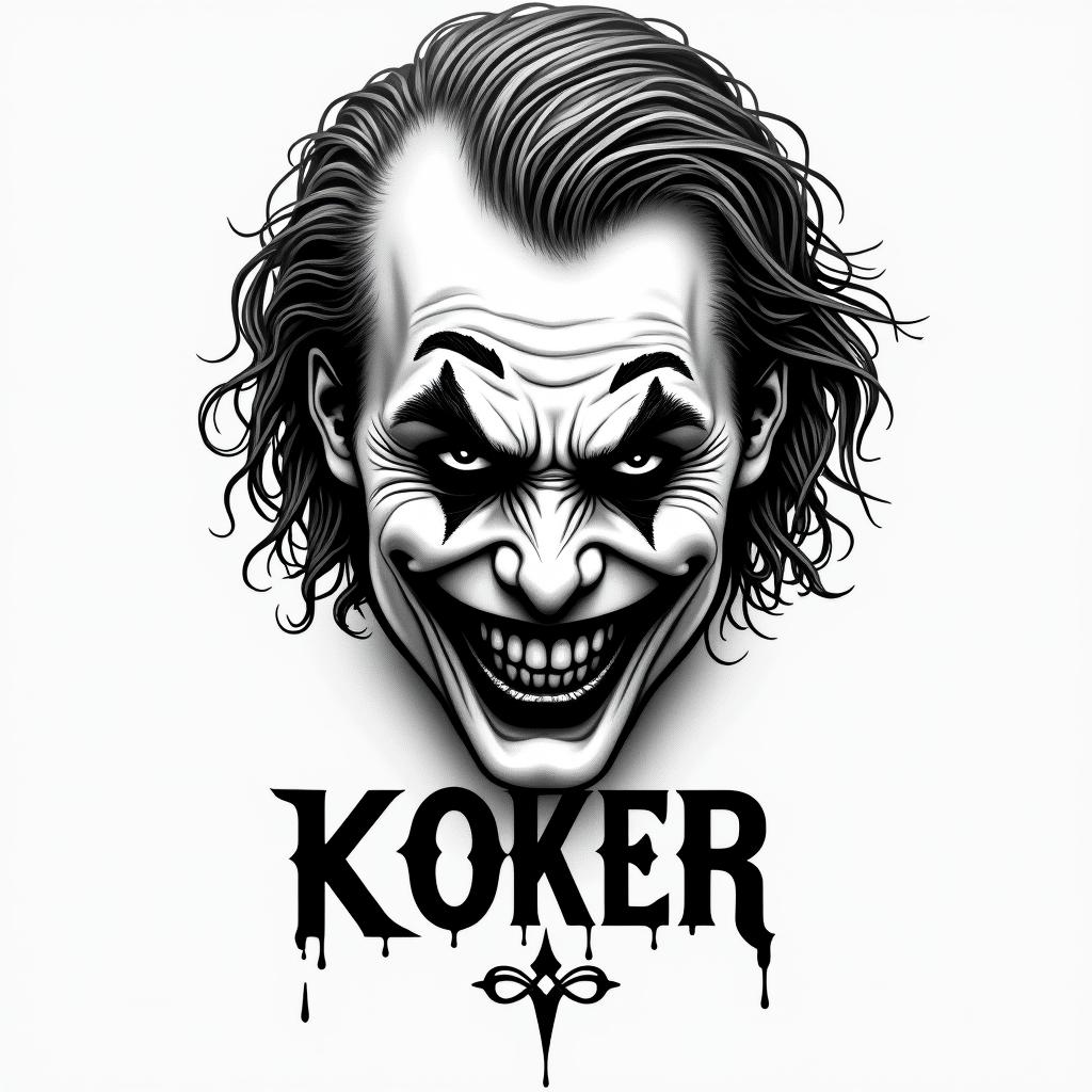 The Joker with a menacing smiletext-based tattoo, gothic font ultra-realistic, perfectly placed, high-quality font design, photo-realistic shading, 8k, high quality, finely detailed typography - Variation 11