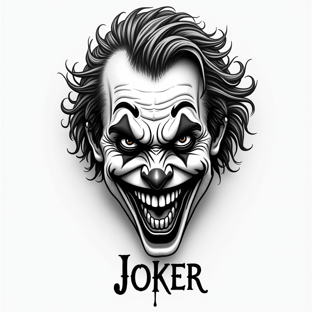The Joker with a menacing smiletext-based tattoo, gothic font ultra-realistic, perfectly placed, high-quality font design, photo-realistic shading, 8k, high quality, finely detailed typography - Variation 10