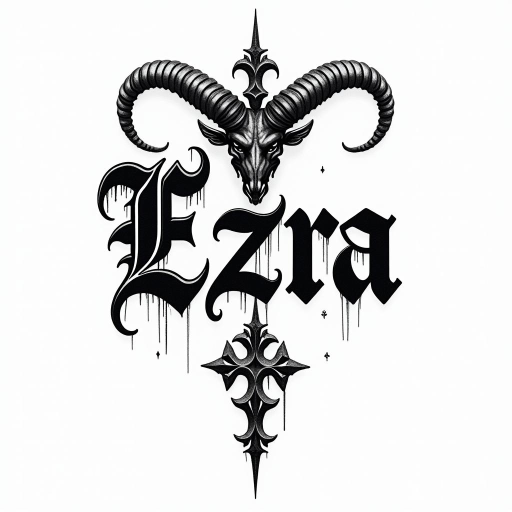 Ezra, Capricorn, December 27thtext-based tattoo, gothic font ultra-realistic, perfectly placed, high-quality font design, photo-realistic shading, 8k, high quality, finely detailed typography - Variation 4