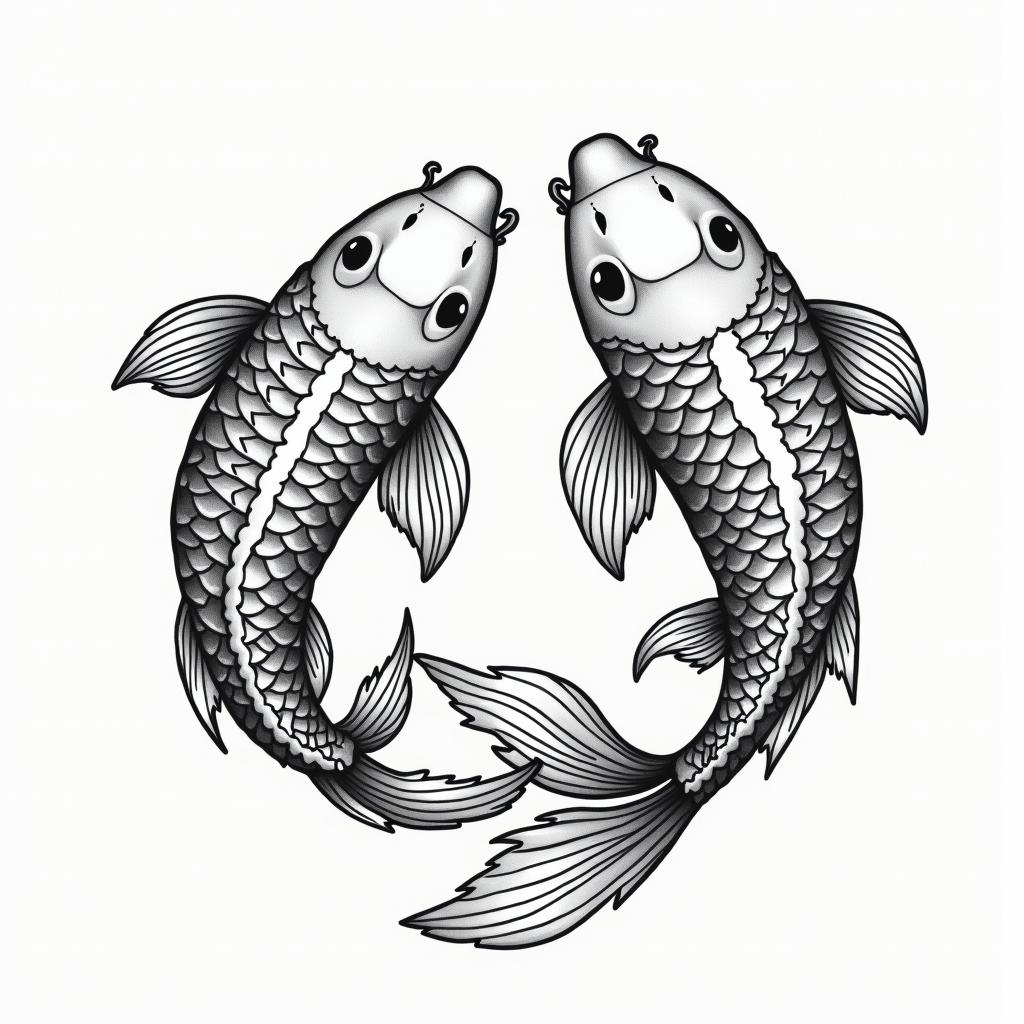 Two koi fish swimming in circlesin authentic tattoo style, incorporating traditional modifications, bold black outlines, solid color fills, featuring classic authentic elements - Variation 2