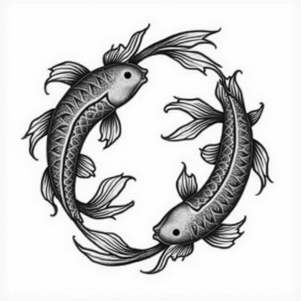 Two koi fish swimming in circlesin authentic tattoo style, incorporating traditional modifications, bold black outlines, solid color fills, featuring classic authentic elements