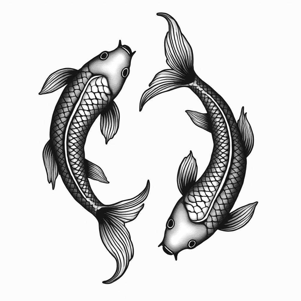 Two koi fish swimming in circlesin authentic tattoo style, incorporating traditional modifications, bold black outlines, solid color fills, featuring classic authentic elements - Variation 4