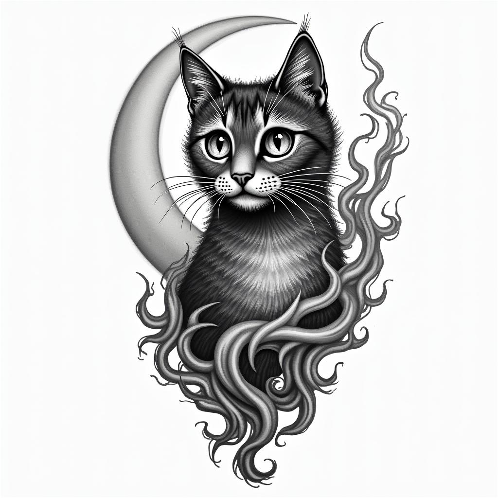 Cat, moon firein authentic tattoo style, incorporating traditional modifications, bold black outlines, solid color fills, featuring classic authentic elements - Variation 4