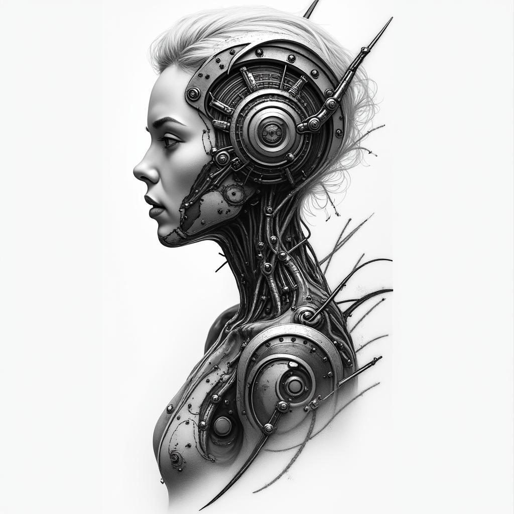 Perseverance and Headstrongtattoo in biomechanic style, the tattoo covered by robotic elements of futuristic cyberpunk design, robotic features detail, showcasing intricate mechanical components - Variation 3