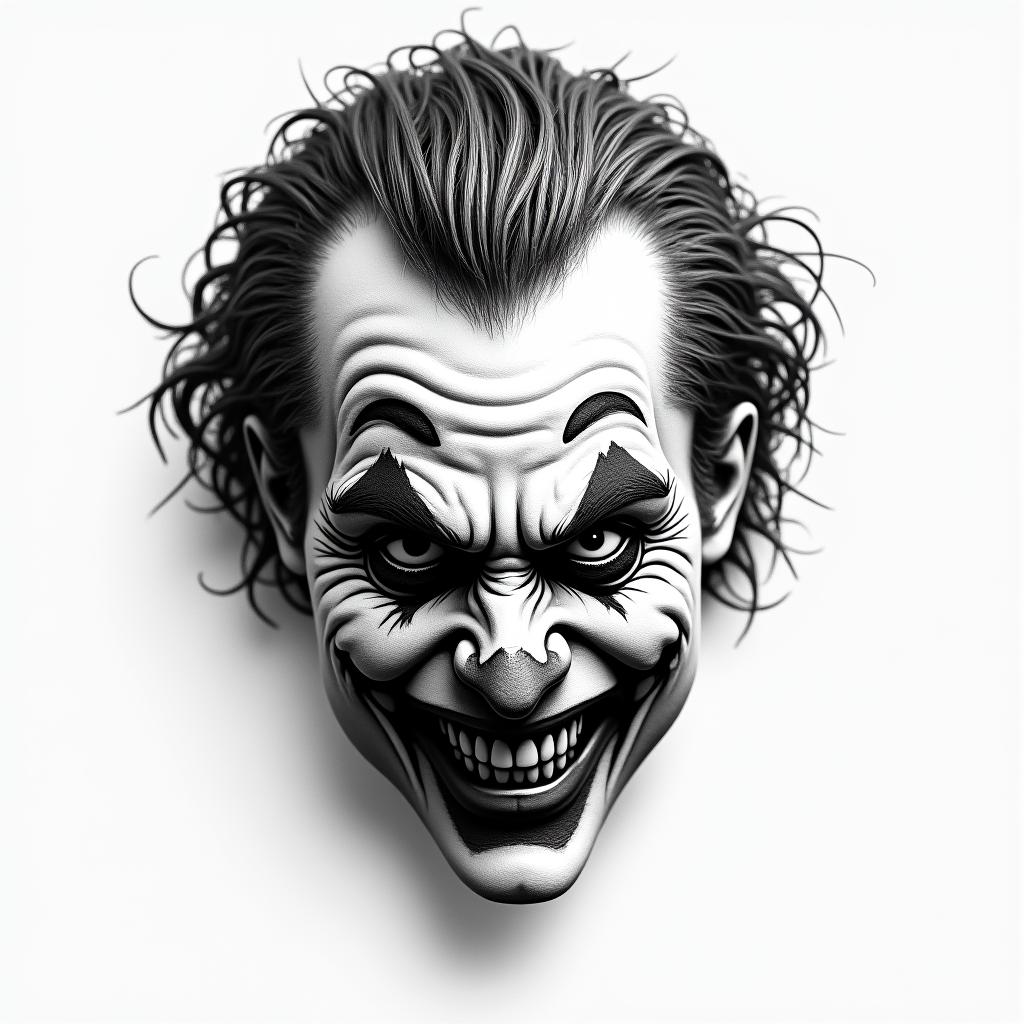The Joker with a menacing smiletext-based tattoo, gothic font ultra-realistic, perfectly placed, high-quality font design, photo-realistic shading, 8k, high quality, finely detailed typography - Variation 5