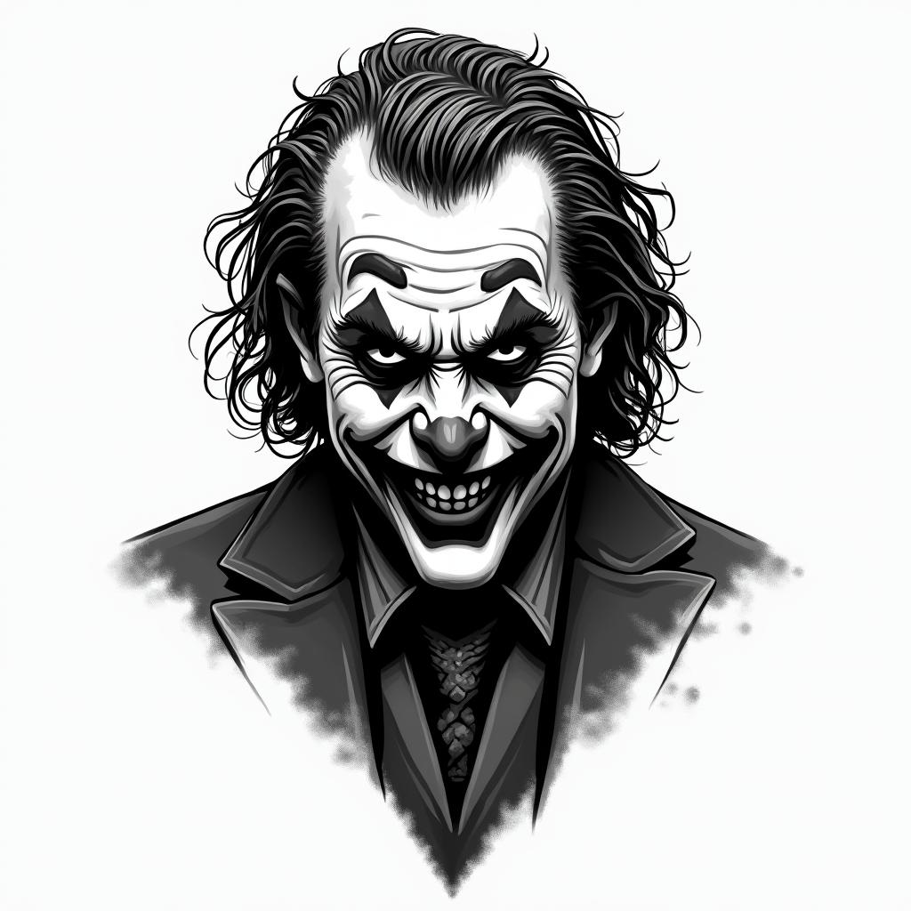 The Joker with a menacing smiletext-based tattoo, gothic font ultra-realistic, perfectly placed, high-quality font design, photo-realistic shading, 8k, high quality, finely detailed typography - Variation 6