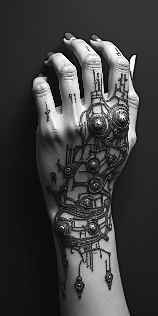 The phrase "idol hands are the devil's playground" portrayed through art. No wordstattoo in biomechanic style, the tattoo covered by robotic elements of futuristic cyberpunk design, robotic features detail, showcasing intricate mechanical components - Variation 2