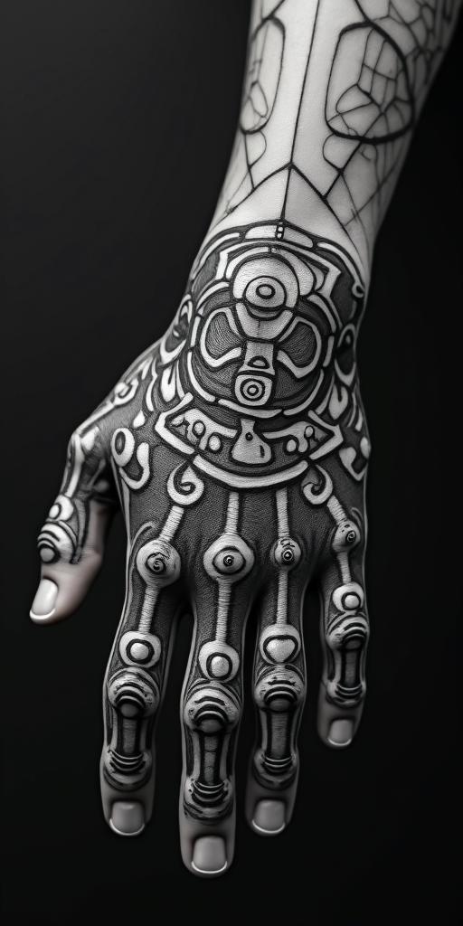 The phrase "idol hands are the devil's playground" portrayed through art. No wordstattoo in biomechanic style, the tattoo covered by robotic elements of futuristic cyberpunk design, robotic features detail, showcasing intricate mechanical components - Variation 3