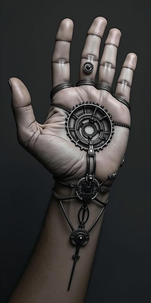 The phrase "idol hands are the devil's playground" portrayed through art. No wordstattoo in biomechanic style, the tattoo covered by robotic elements of futuristic cyberpunk design, robotic features detail, showcasing intricate mechanical components