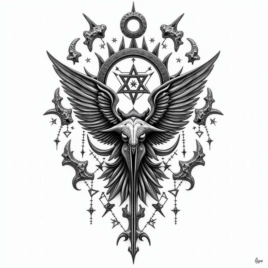 Ezra, Capricorn, December 27thin paganic style tattoo, featuring ancient symbols, add vegvisir symbol, mystical figures, incorporating designs, pentagrams, runes, crescent moons,