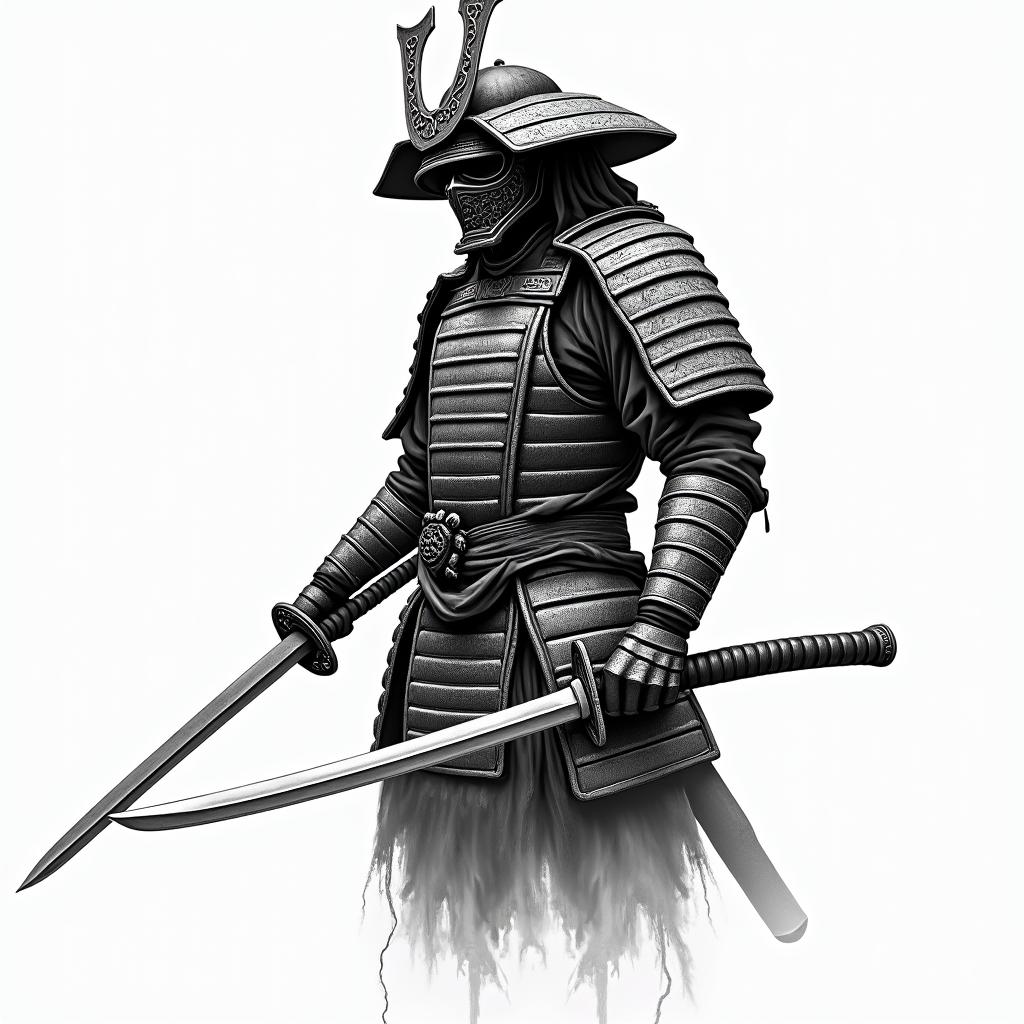 Samurai with a katanatext-based tattoo, gothic font ultra-realistic, perfectly placed, high-quality font design, photo-realistic shading, 8k, high quality, finely detailed typography - Variation 8